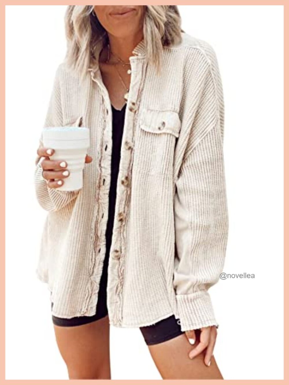 Waffle Knit Button Down Shacket Batwing Sleeve Boyfriend Shirt Jacket
